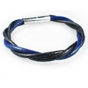 Кожаный плетеный премиум браслет на магнитной защелке Эффект черный с синим