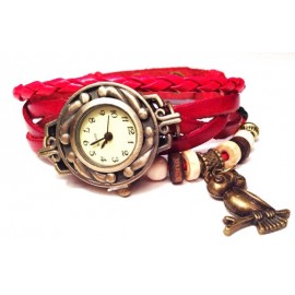 Женские винтажные часы кожаный браслет с часами Сова красный