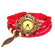 Женские винтажные часы кожаный браслет с часами Листик красный